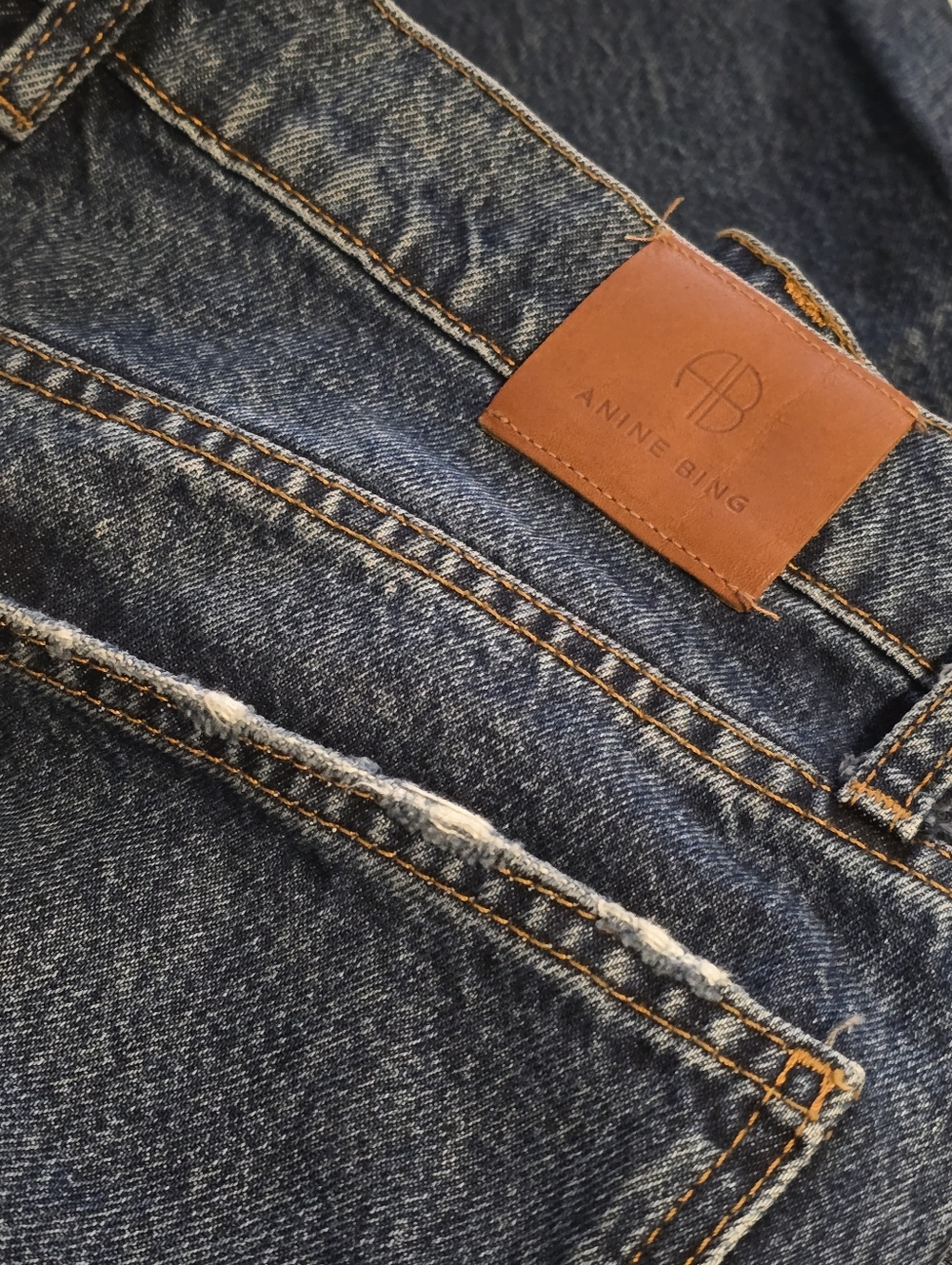 🦋🍄 ANINE BING Denim Sonya Jeans Button Fly Mid Indigo Size 31 Straight Distres
